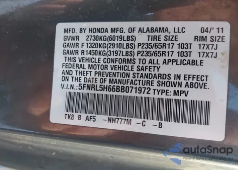 2011 Honda Odyssey Ex-L from USA, damaged, VIN 5FNRL5H66BB071972